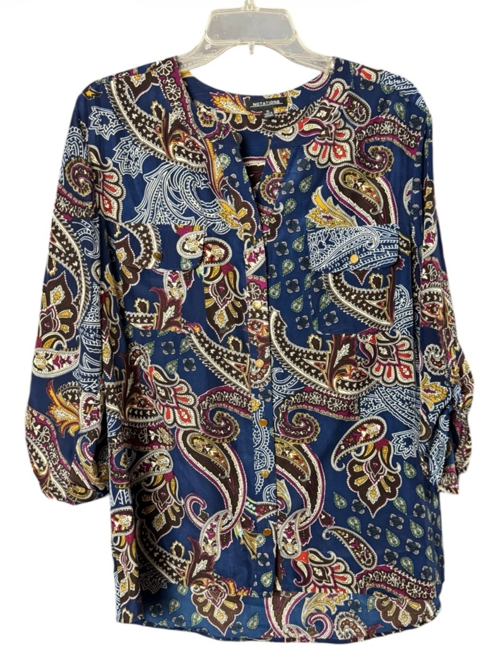 Notations Paisley Button Front High Low Tunic Blouse XL